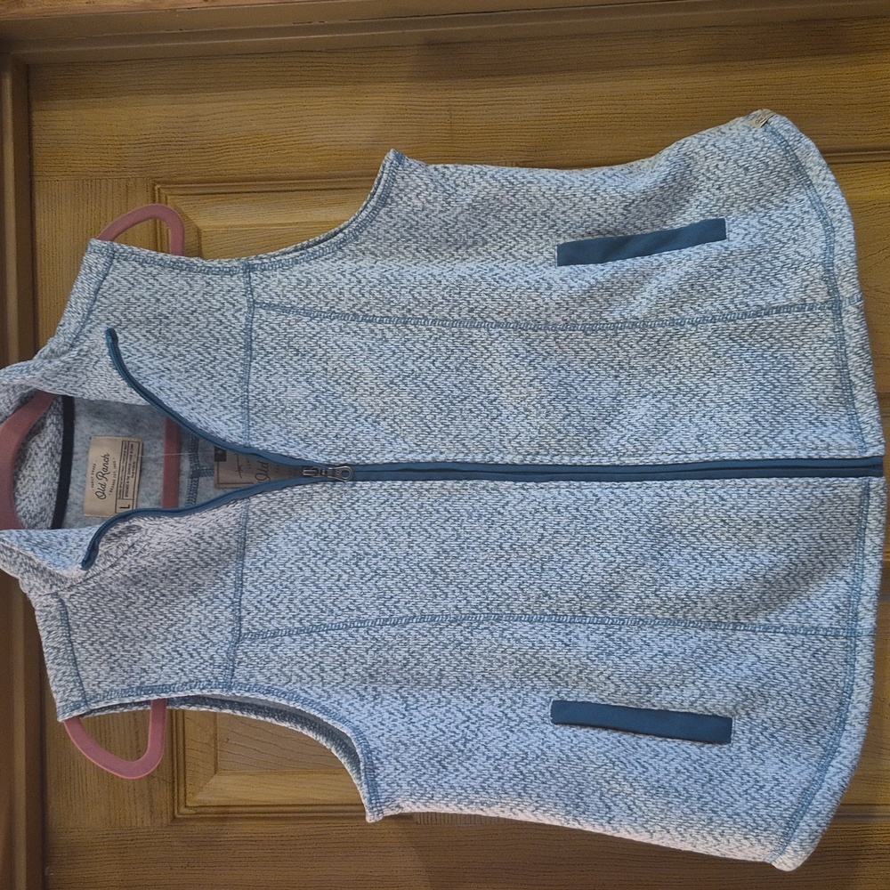 Old Ranch Brands Teal And White Herringbone Vest Zip Up Front Pockets Large